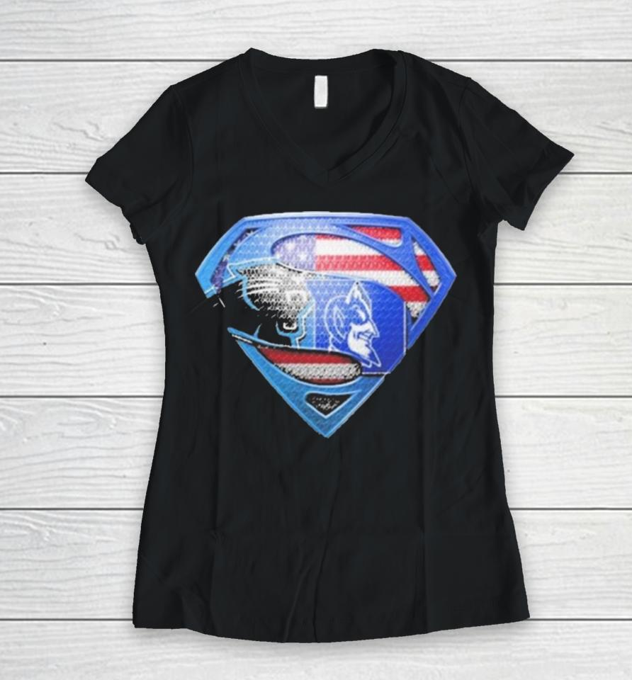 Superman Sports Carolina Panthers And Duke Blue Devils Women V-Neck T-Shirt