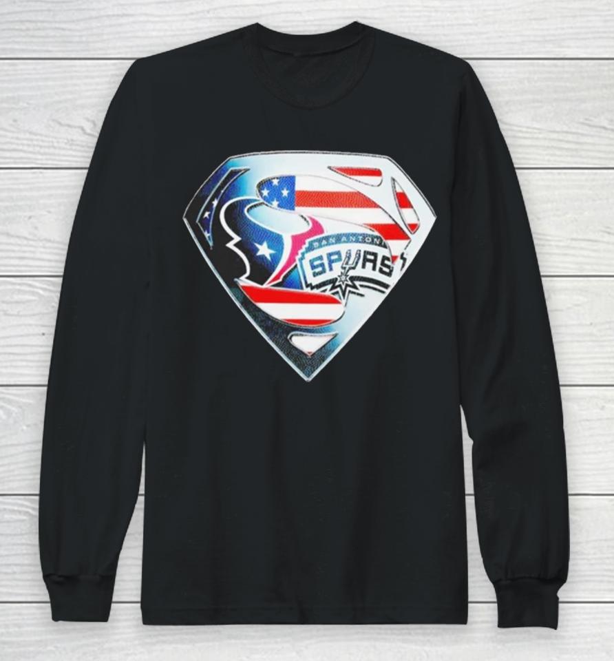 Superman Sports Houston Texans And San Antonio Spurs Logo Long Sleeve T-Shirt