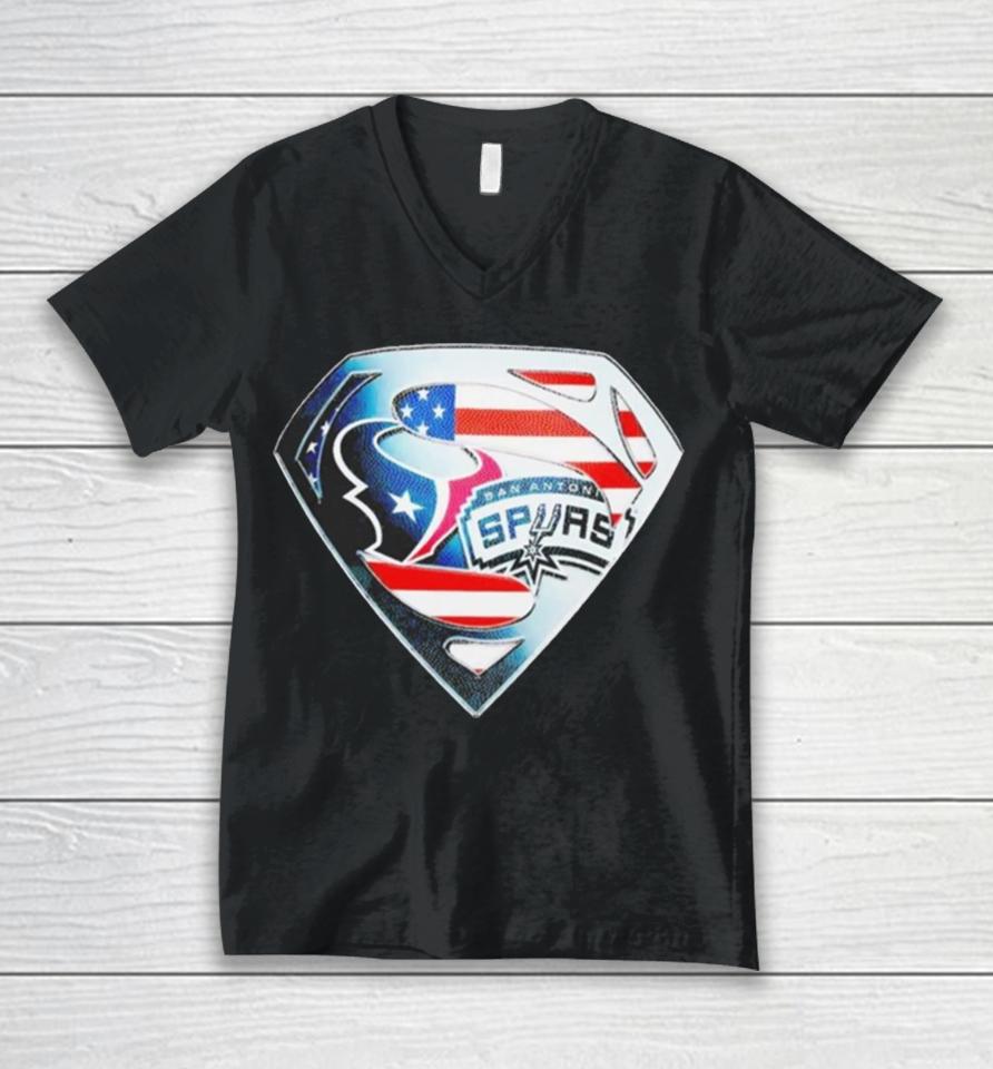 Superman Sports Houston Texans And San Antonio Spurs Logo Unisex V-Neck T-Shirt