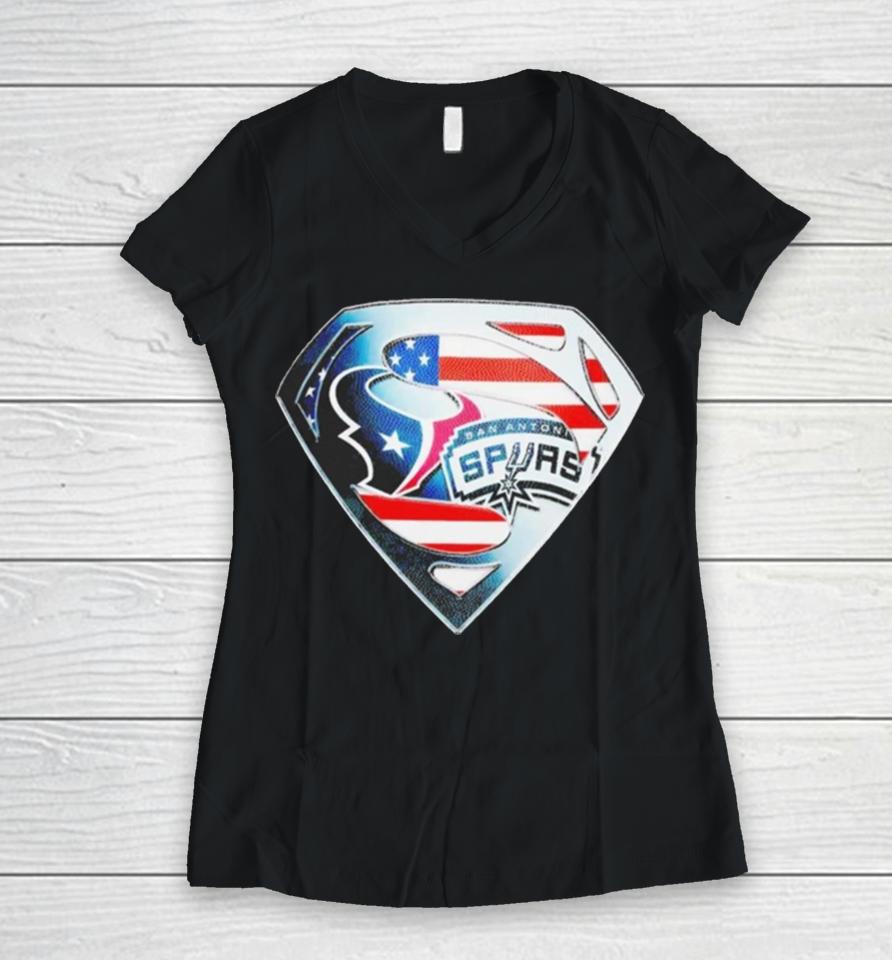 Superman Sports Houston Texans And San Antonio Spurs Logo Women V-Neck T-Shirt