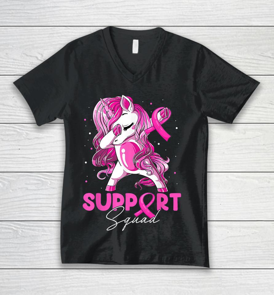 Support Squad Breast Cancer Awareness Pink Dabbing Unicorn Unisex V-Neck T-Shirt