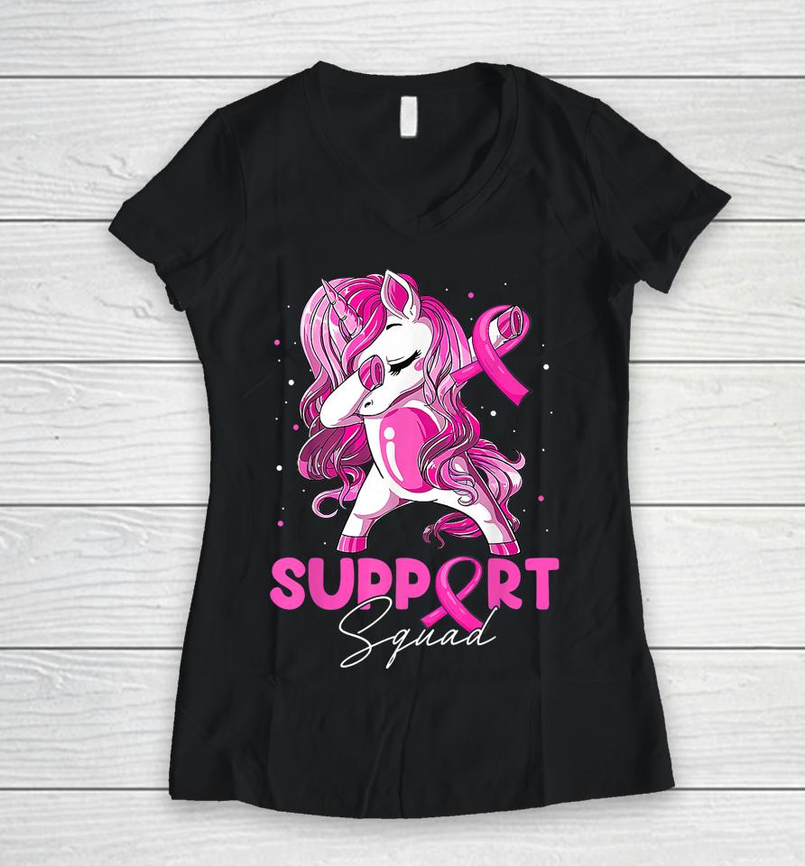 Support Squad Breast Cancer Awareness Pink Dabbing Unicorn Women V-Neck T-Shirt