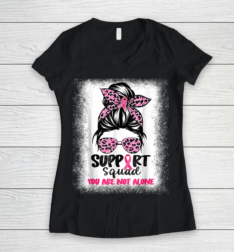 Support Squad Messy Bun Pink Warrior Breast Cancer Awareness Women V-Neck T-Shirt