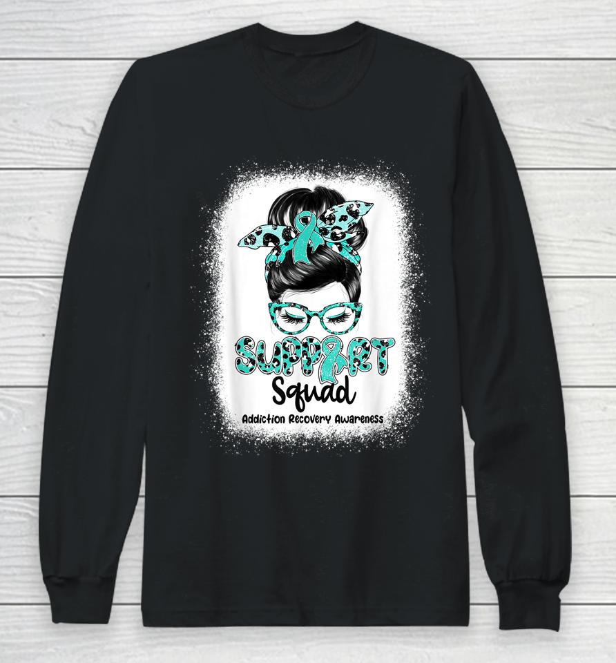 Support Squad Messy Bun Teal Ribbon Addiction Recovery Long Sleeve T-Shirt