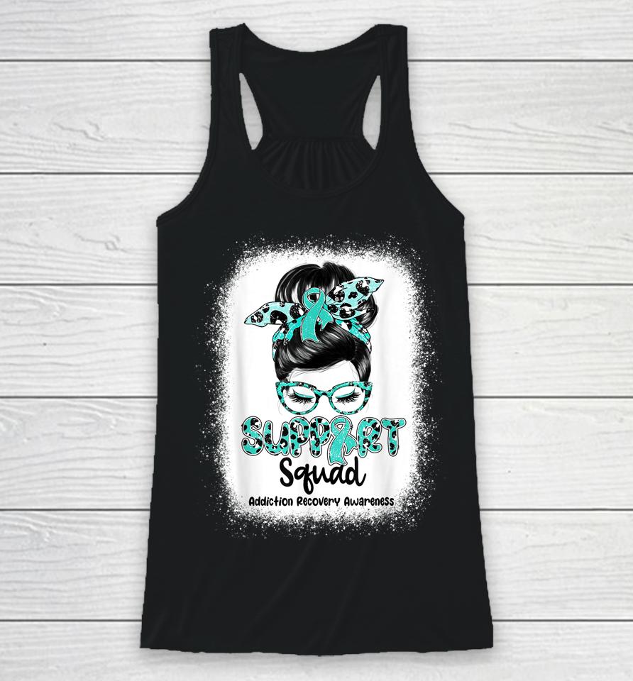 Support Squad Messy Bun Teal Ribbon Addiction Recovery Racerback Tank