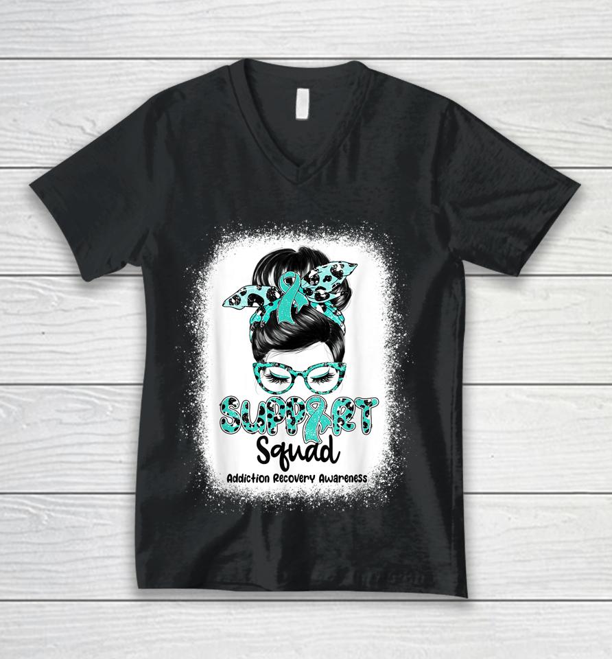 Support Squad Messy Bun Teal Ribbon Addiction Recovery Unisex V-Neck T-Shirt