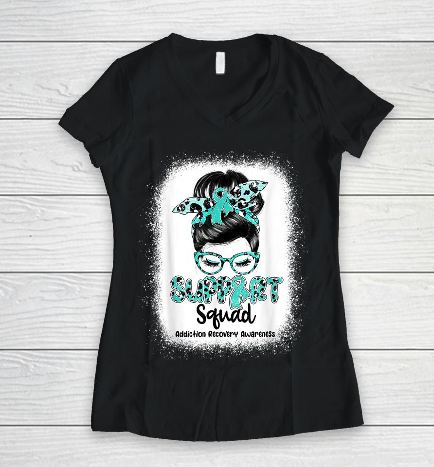 Support Squad Messy Bun Teal Ribbon Addiction Recovery Women V-Neck T-Shirt