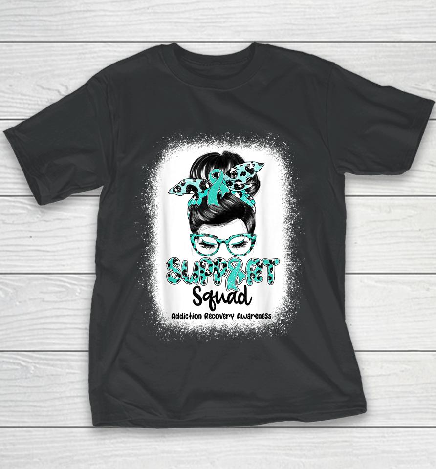 Support Squad Messy Bun Teal Ribbon Addiction Recovery Youth T-Shirt