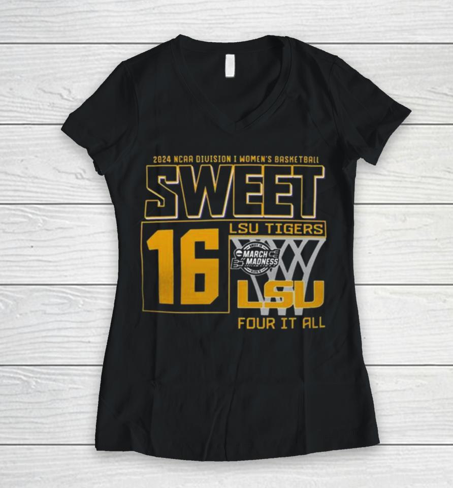 Sweet 16 Lsu Tigers 2024 Ncaa Division I Women’s Basketball Regional Albany Champion Women V-Neck T-Shirt