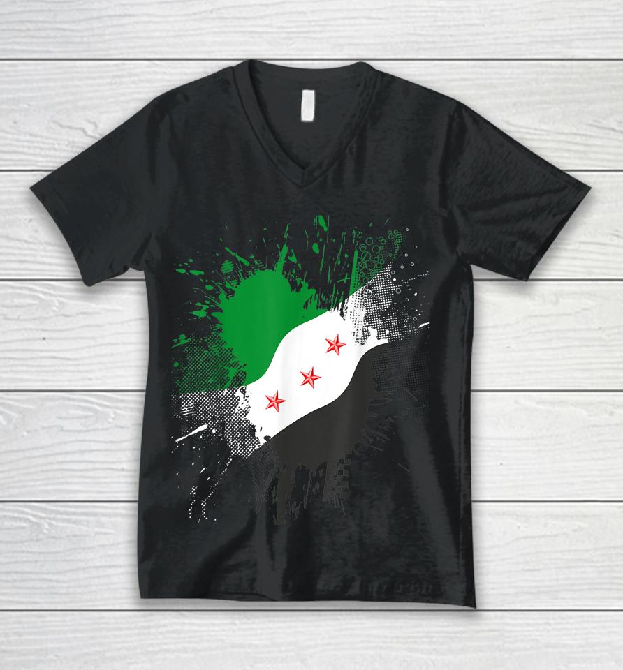 Syria Revolution Green Syrian Flag Free Syria Unisex V-Neck T-Shirt