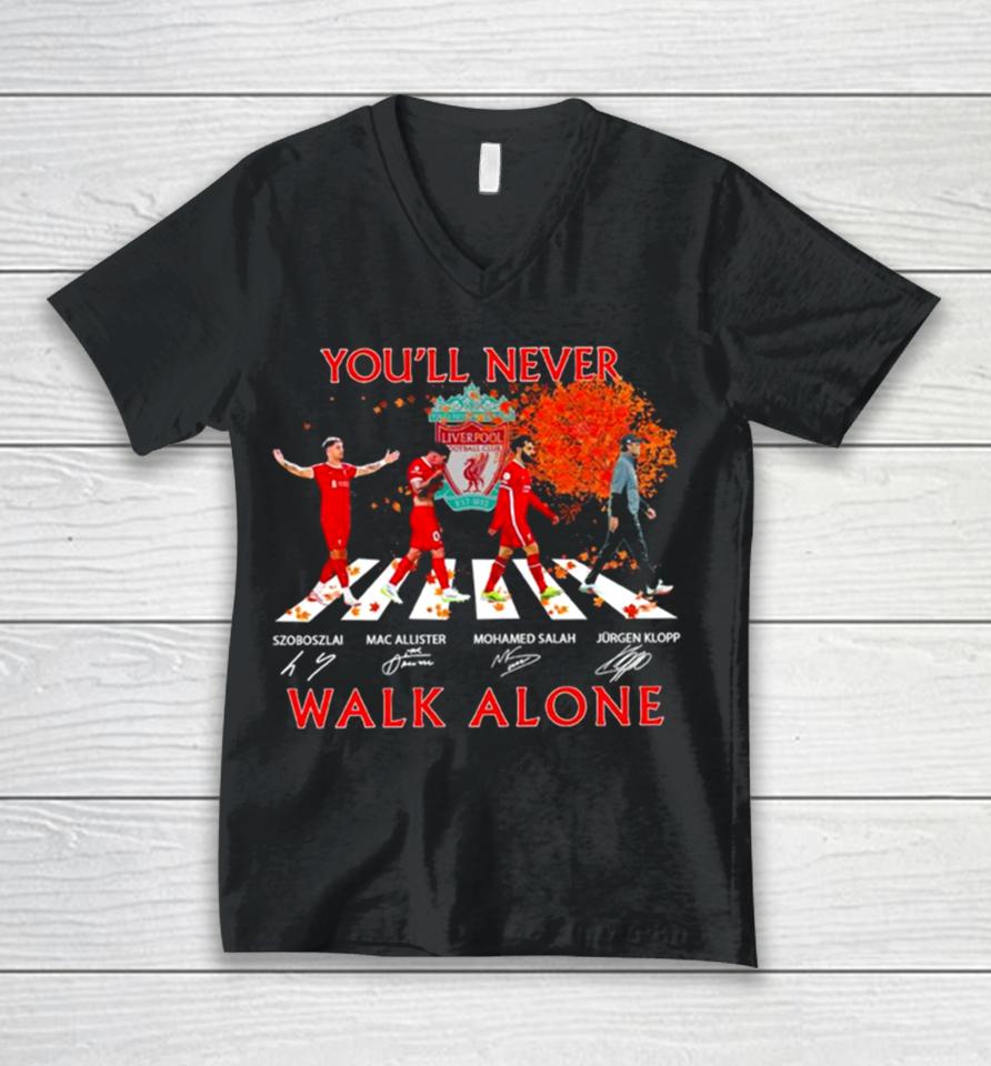 Szoboszlai Mac Allister Mohamed Salah And Jurgen Klopp You’ll Never Walk Alone Signatures Unisex V-Neck T-Shirt
