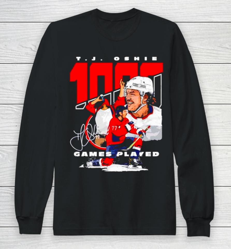 T J Oshie Washington 1000 Games Hockey Signature Long Sleeve T-Shirt