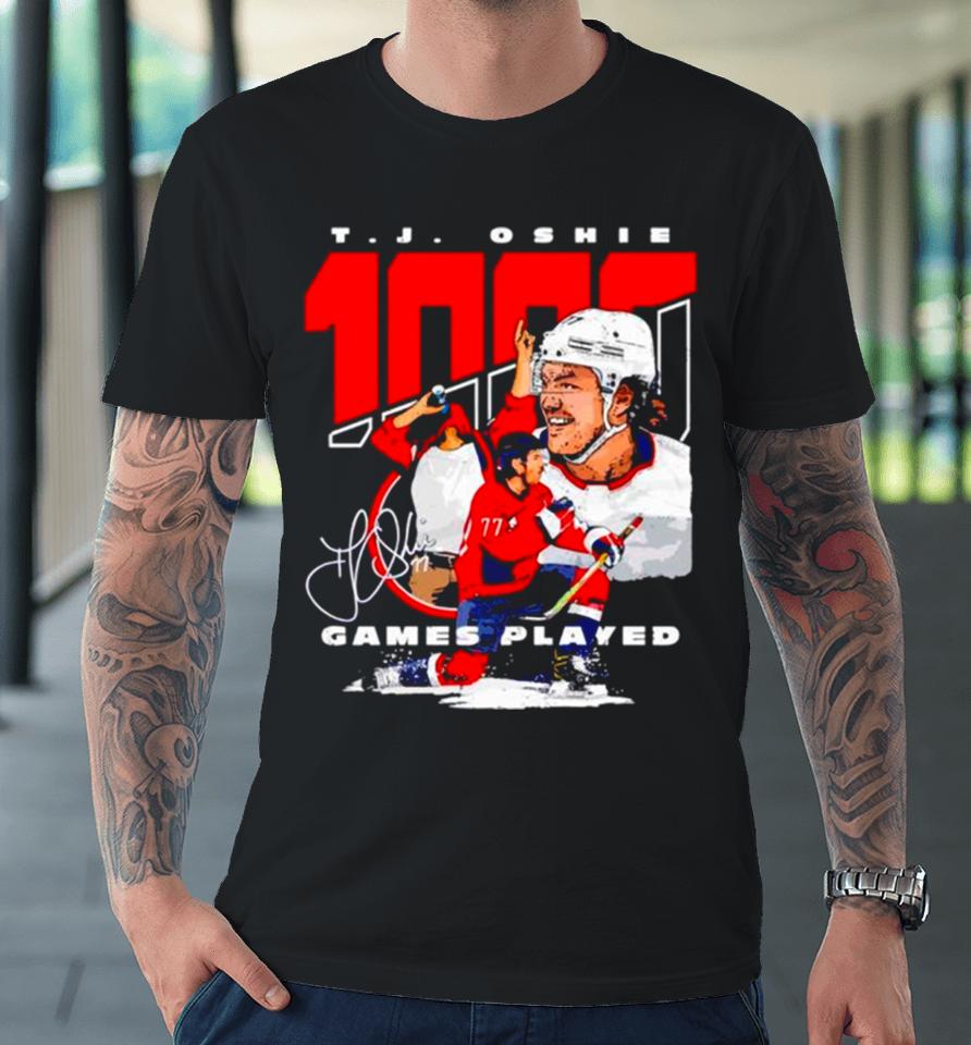 T J Oshie Washington 1000 Games Hockey Signature Premium T-Shirt