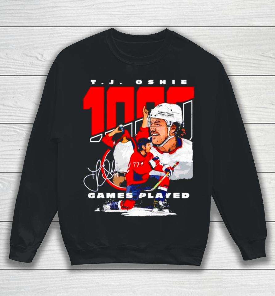 T J Oshie Washington 1000 Games Hockey Signature Sweatshirt