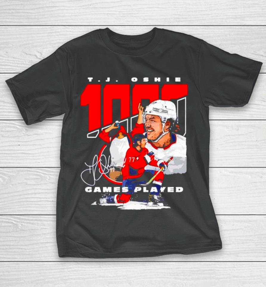 T J Oshie Washington 1000 Games Hockey Signature T-Shirt