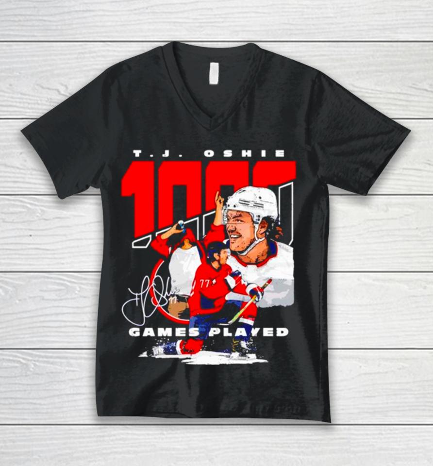 T J Oshie Washington 1000 Games Hockey Signature Unisex V-Neck T-Shirt