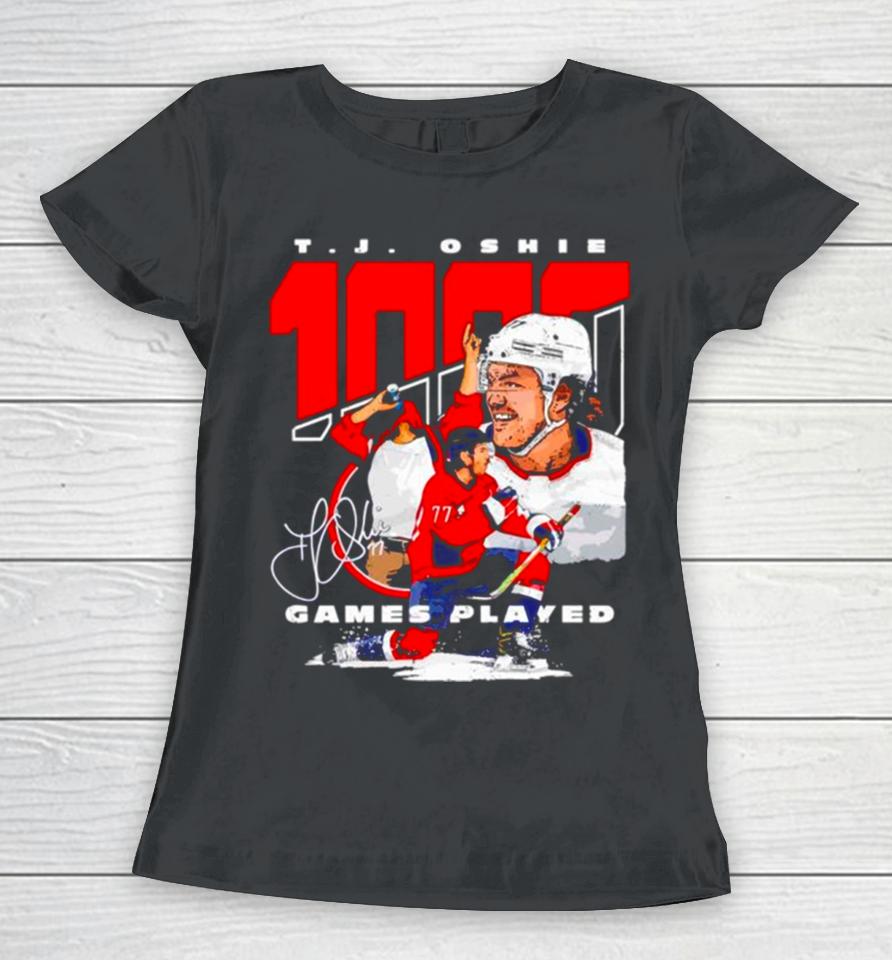 T J Oshie Washington 1000 Games Hockey Signature Women T-Shirt