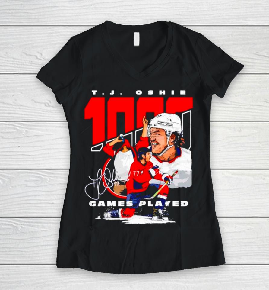 T J Oshie Washington 1000 Games Hockey Signature Women V-Neck T-Shirt