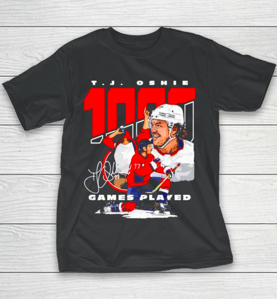 T J Oshie Washington 1000 Games Hockey Signature Youth T-Shirt