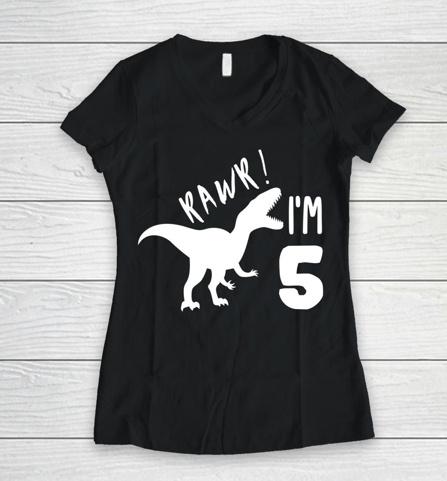 T-Rex Dino Boys Gift Cute Kids &Amp; Toddler 5Th Birthday Women V-Neck T-Shirt