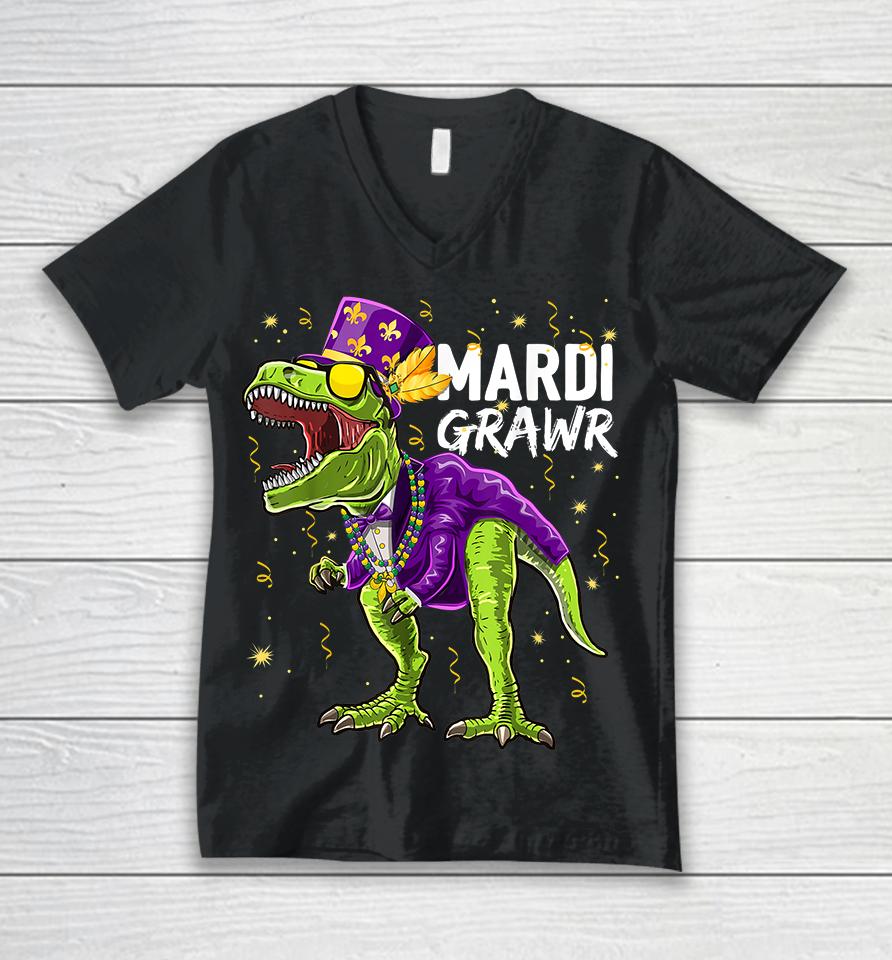 T-Rex Dinosaur Mardi Grawr Unisex V-Neck T-Shirt