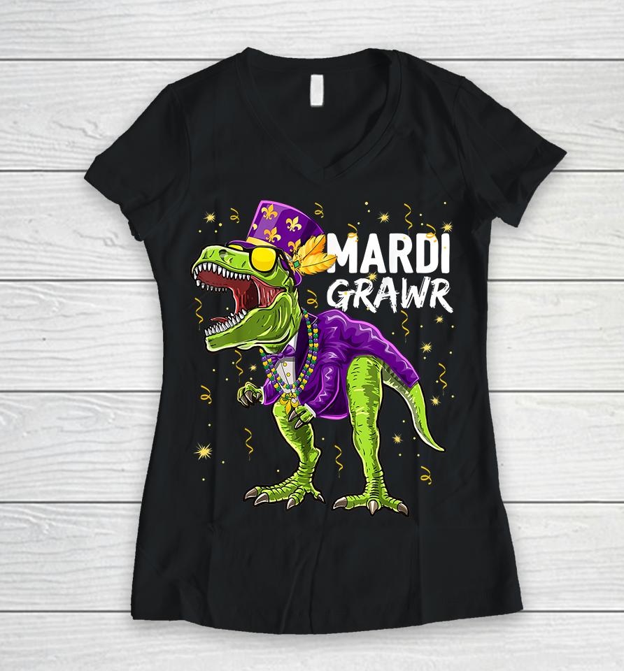 T-Rex Dinosaur Mardi Grawr Women V-Neck T-Shirt