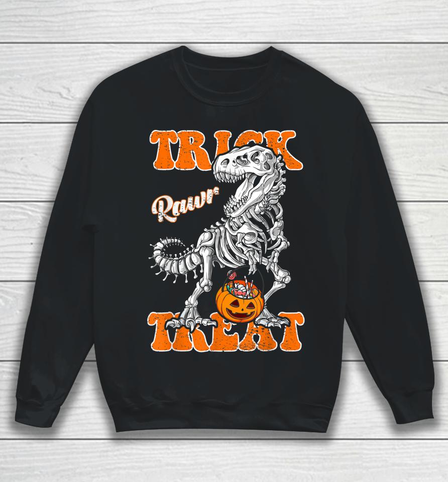 T-Rex Halloween Boys Kids Dinosaur Skeleton Scary Pumpkin Sweatshirt