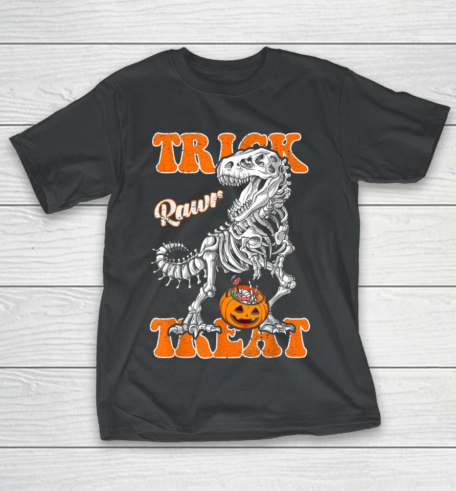 T-Rex Halloween Boys Kids Dinosaur Skeleton Scary Pumpkin T-Shirt