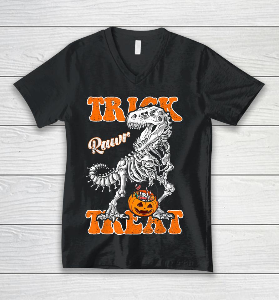 T-Rex Halloween Boys Kids Dinosaur Skeleton Scary Pumpkin Unisex V-Neck T-Shirt