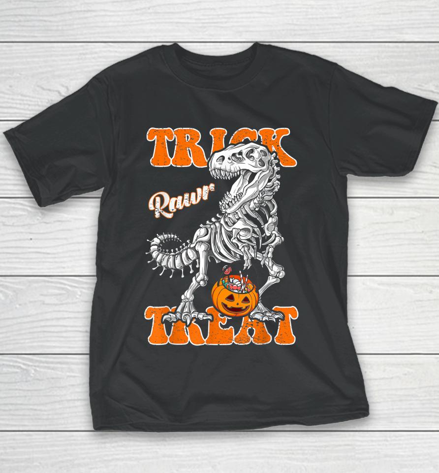 T-Rex Halloween Boys Kids Dinosaur Skeleton Scary Pumpkin Youth T-Shirt