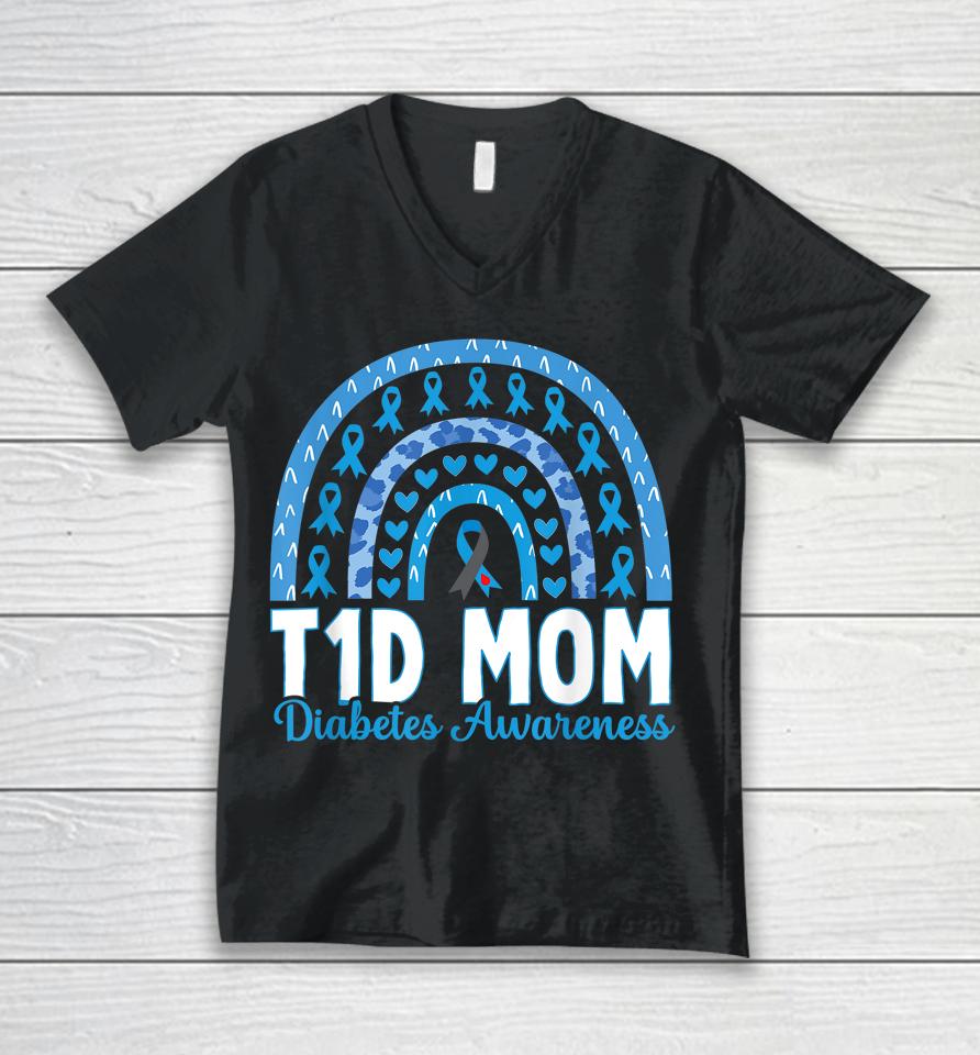 T1D Mom Rainbow Diabetes Awareness November Type 1 Diabetic Unisex V-Neck T-Shirt