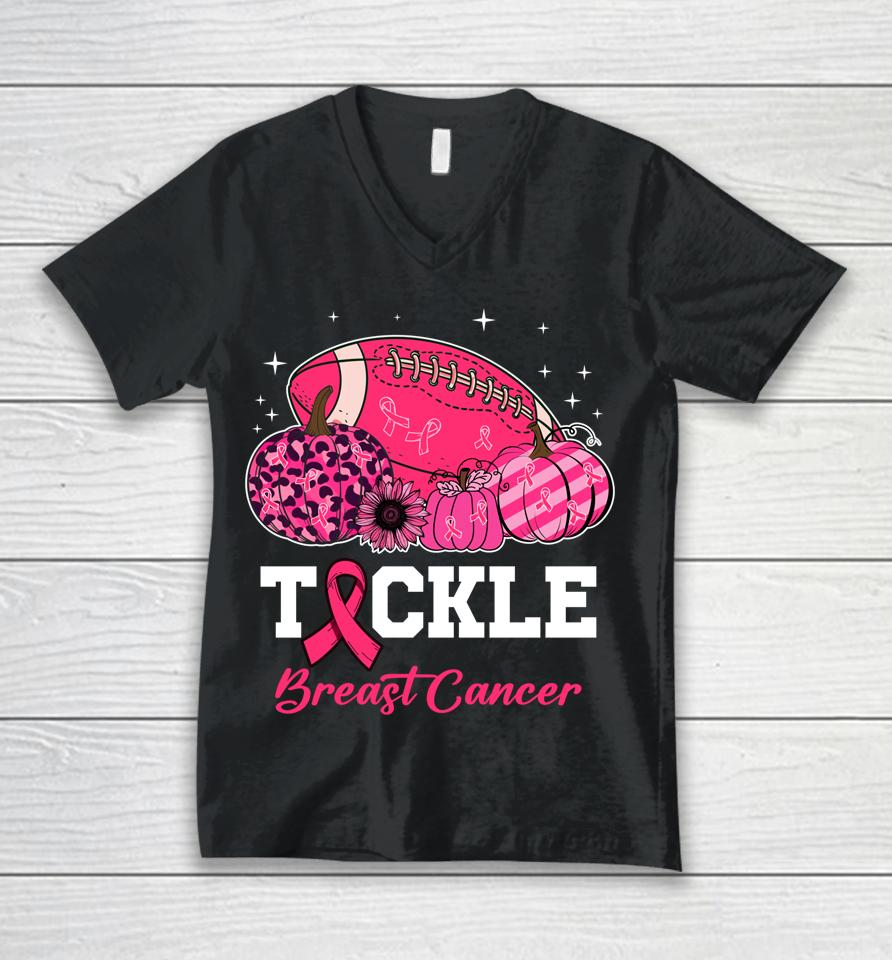 Tackle Breast Cancer Awareness Football Pink Ribbon Pumpkin Unisex V-Neck T-Shirt