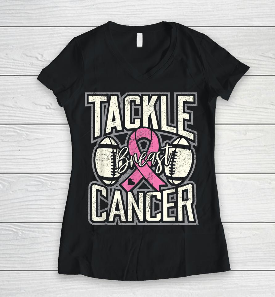 Tackle Breast Cancer Awareness Football Women V-Neck T-Shirt