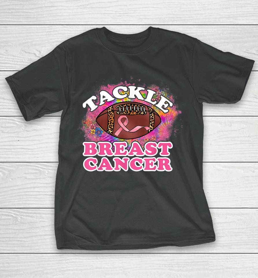 Tackle Breast Cancer Awareness Leopard Football Pink Ribbon T-Shirt