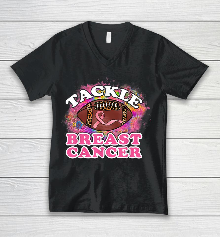 Tackle Breast Cancer Awareness Leopard Football Pink Ribbon Unisex V-Neck T-Shirt