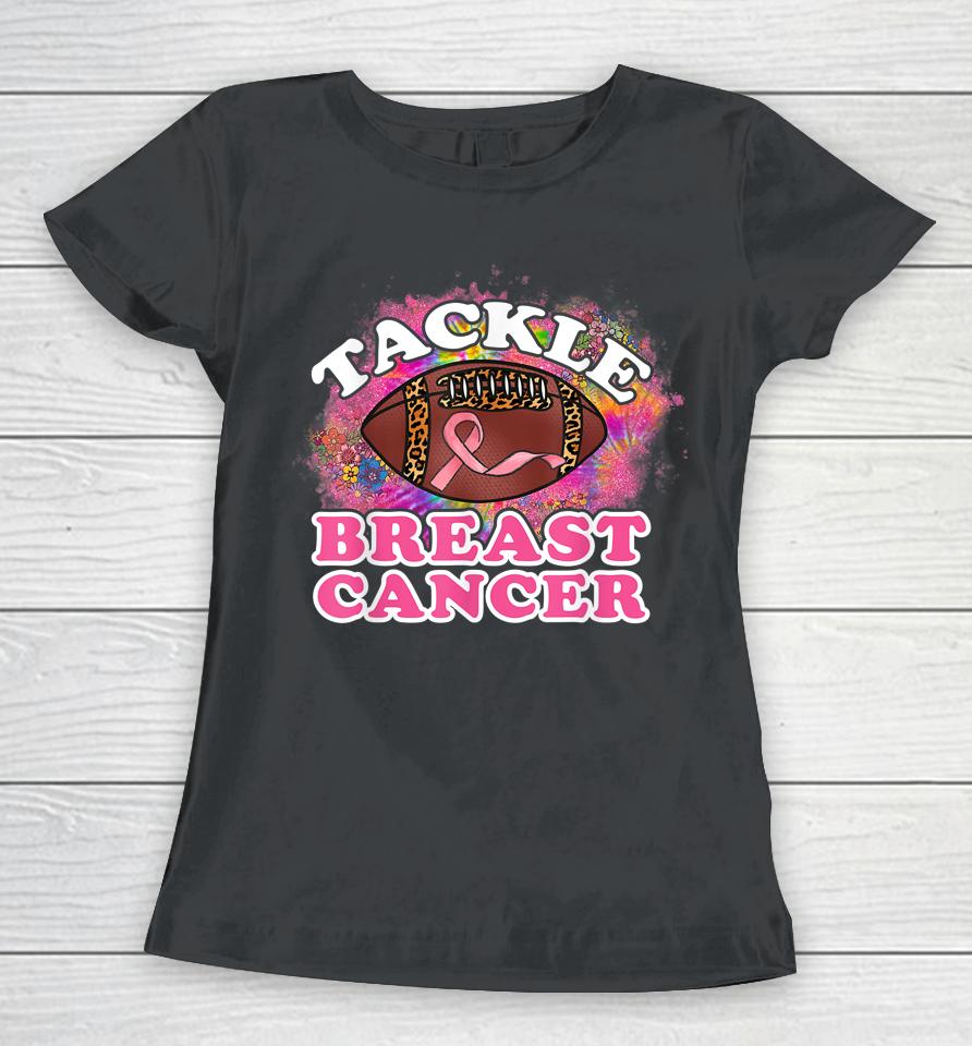 Tackle Breast Cancer Awareness Leopard Football Pink Ribbon Women T-Shirt