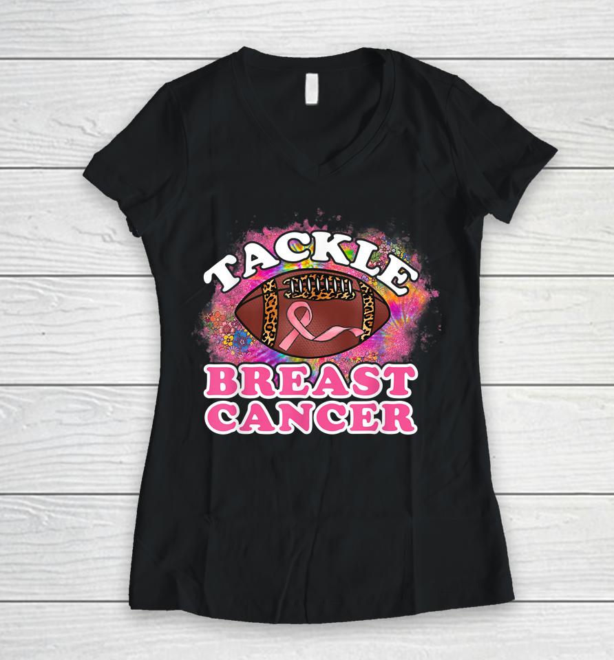 Tackle Breast Cancer Awareness Leopard Football Pink Ribbon Women V-Neck T-Shirt