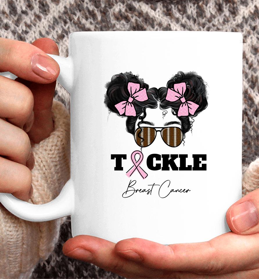 Tackle Breast Cancer Messy Bun Glasses Football Pink Ribbon Coffee Mug