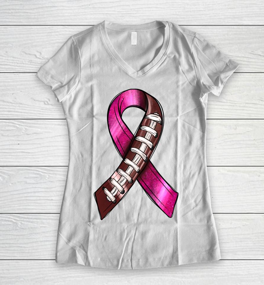 Tackle Football Pink Ribbon Breast Cancer Awareness Women V-Neck T-Shirt