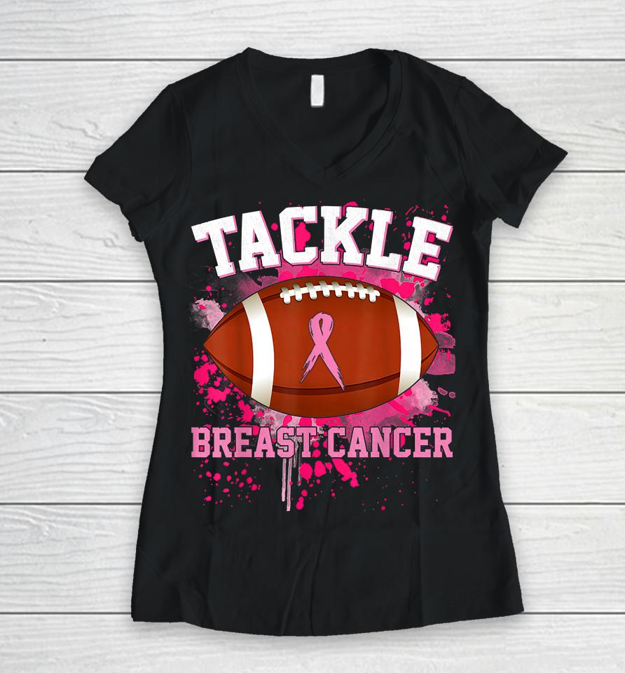Tackle Football Pink Ribbon Breast Cancer Awareness Women V-Neck T-Shirt