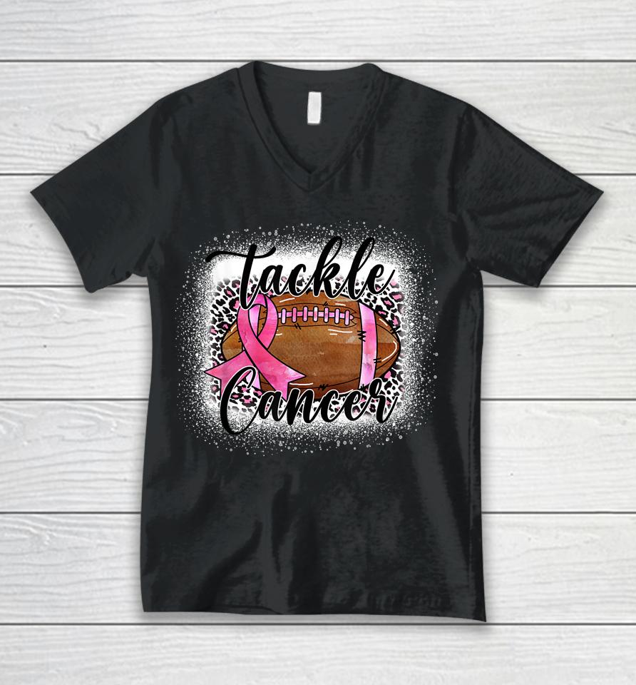 Tackle Football Pink Ribbon Leopard Breast Cancer Awareness Unisex V-Neck T-Shirt