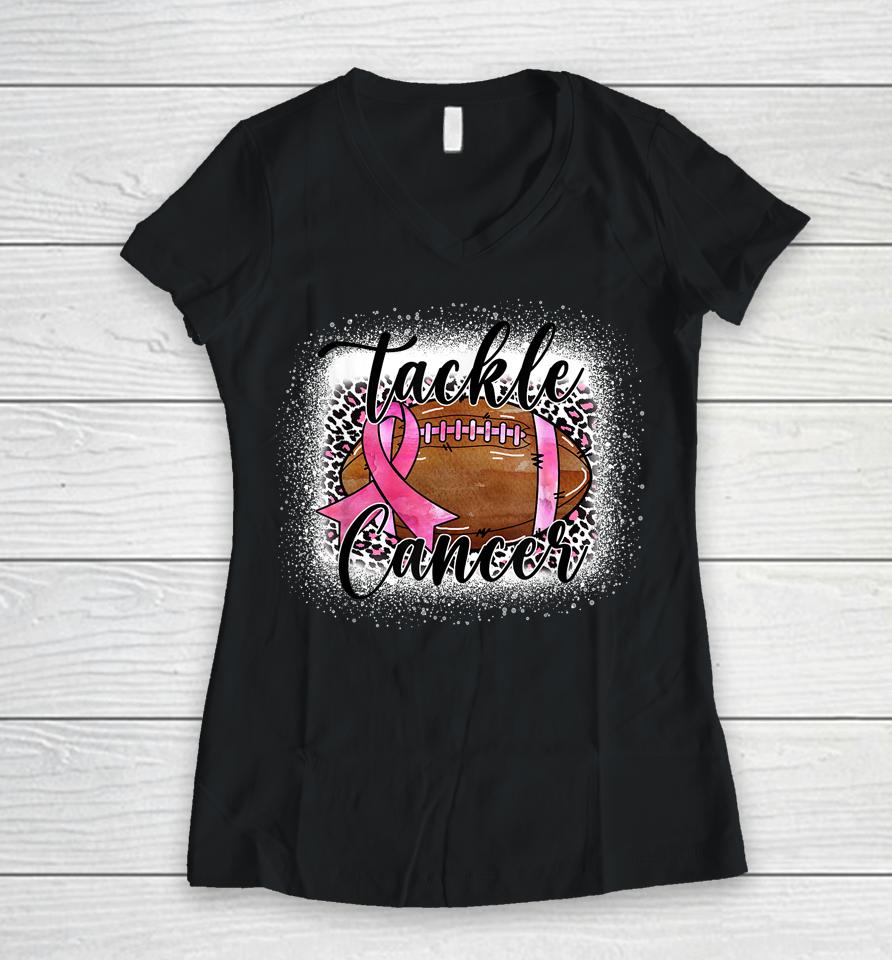 Tackle Football Pink Ribbon Leopard Breast Cancer Awareness Women V-Neck T-Shirt