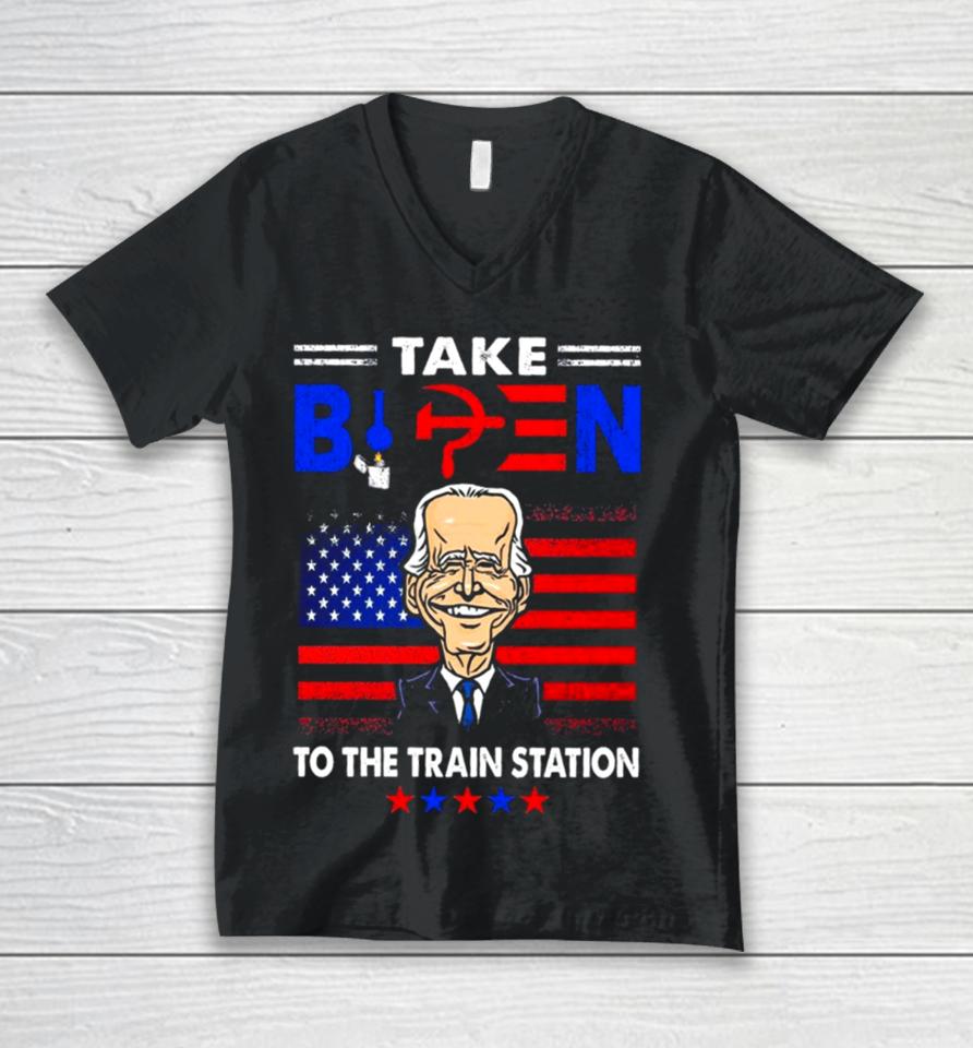 Take Biden To The Train Station Funny Unisex V-Neck T-Shirt