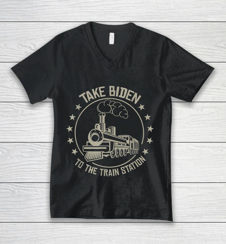 Take Biden To The Train Station Unisex V-Neck T-Shirt