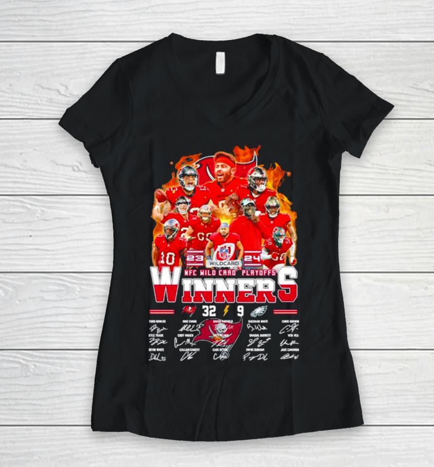 Tampa Bay Buccaneers 32 9 Eagles 2023 2024 Wild Card Nfl Playoff Winners Signatures Women V-Neck T-Shirt