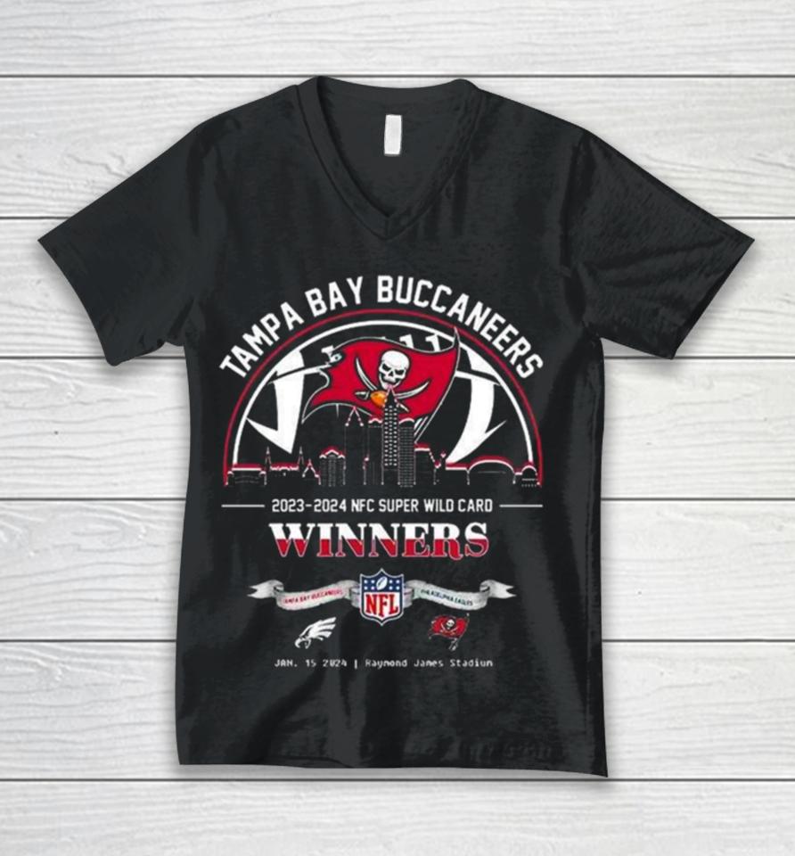 Tampa Bay Buccaneers Winners Season 2023 2024 Nfc Super Wild Card Nfl Divisional Skyline January 15 2024 Raymond James Stadium Unisex V-Neck T-Shirt