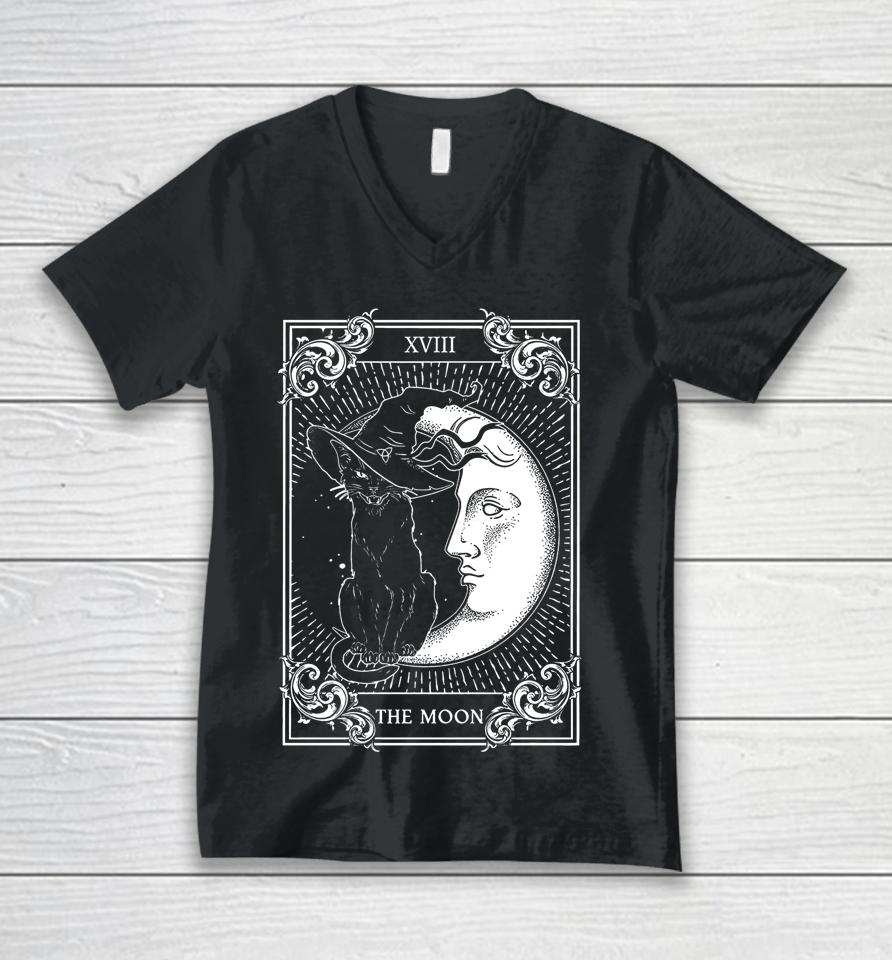 Tarot Card Crescent Moon And Cat Graphic Unisex V-Neck T-Shirt