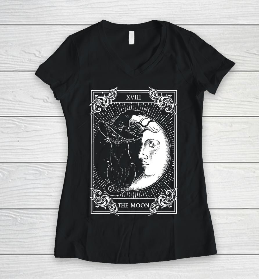 Tarot Card Crescent Moon And Cat Graphic Women V-Neck T-Shirt