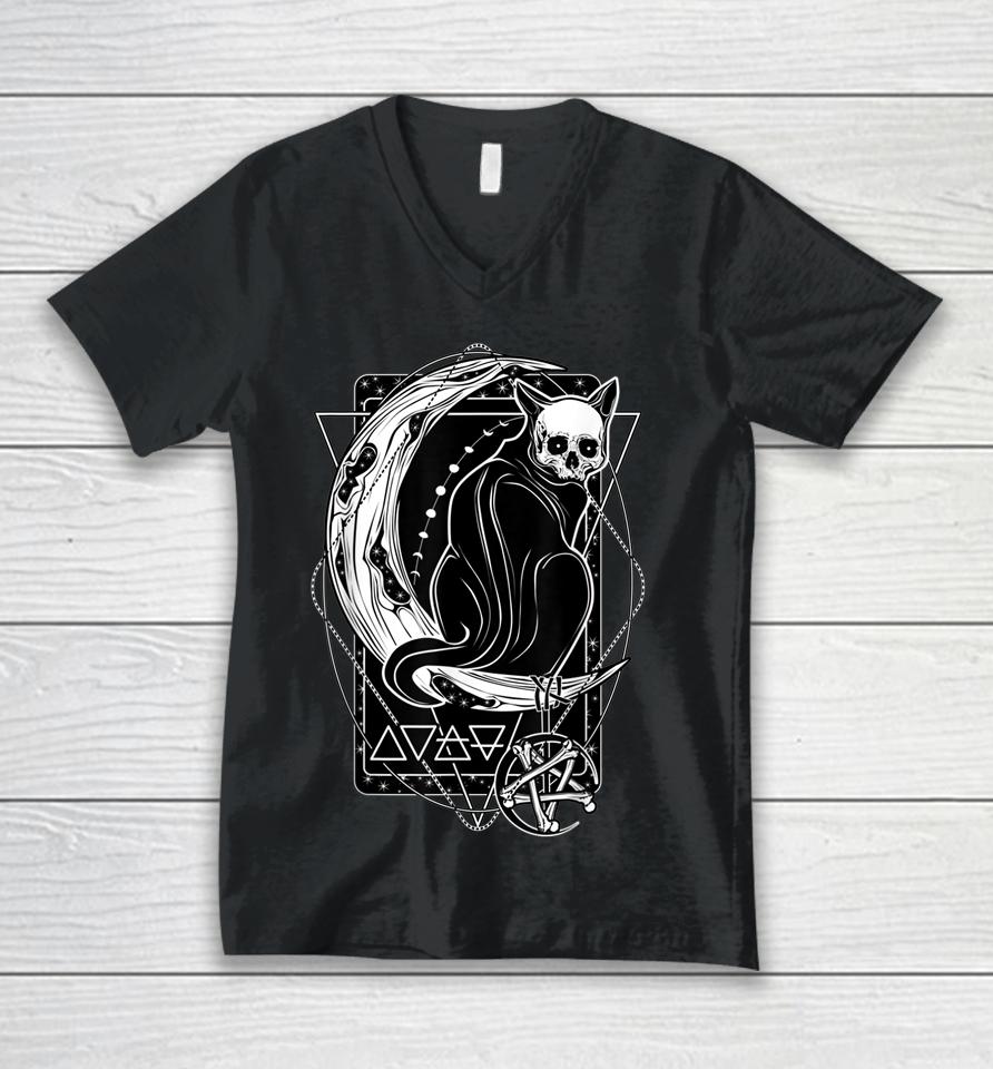 Tarot Card Crescent Moon And Cat Graphic Unisex V-Neck T-Shirt