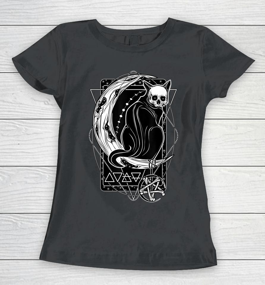 Tarot Card Crescent Moon And Cat Graphic Women T-Shirt